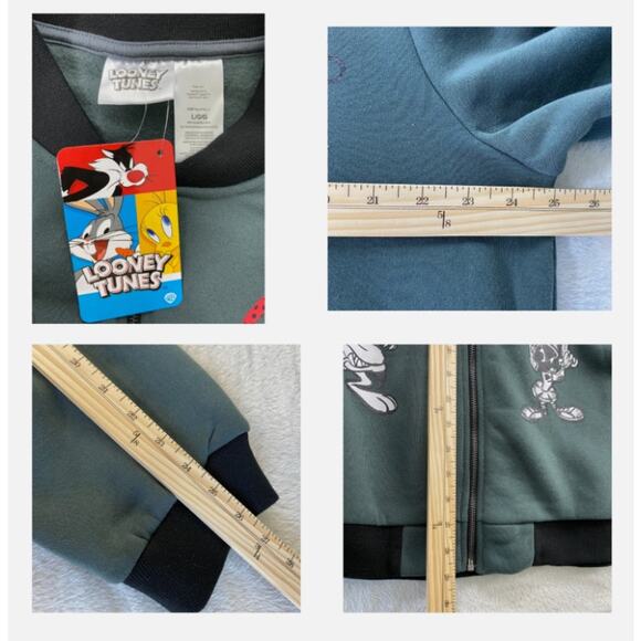 Warner Bros Looney Tunes Bomber Jacket Men L XL Gray Cartoon Graphic Print NWT - Picture 8 of 10